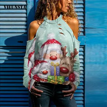 Divat Női Alkalmi Üreges Ki Design Pólók 2021 Karácsonyi Hóember Elk Nyomtatás Blúzok, Felsők Őszi Tavaszi Hosszú Ujjú Streetwear Kép 0