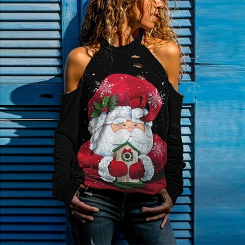 Divat Női Alkalmi Üreges Ki Design Pólók 2021 Karácsonyi Hóember Elk Nyomtatás Blúzok, Felsők Őszi Tavaszi Hosszú Ujjú Streetwear Kép 1