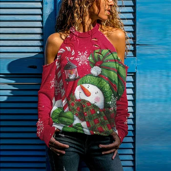 Divat Női Alkalmi Üreges Ki Design Pólók 2021 Karácsonyi Hóember Elk Nyomtatás Blúzok, Felsők Őszi Tavaszi Hosszú Ujjú Streetwear Kép 2