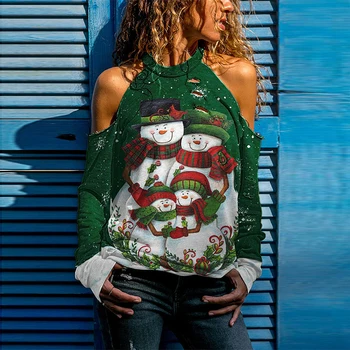 Divat Női Alkalmi Üreges Ki Design Pólók 2021 Karácsonyi Hóember Elk Nyomtatás Blúzok, Felsők Őszi Tavaszi Hosszú Ujjú Streetwear Kép 3