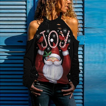 Divat Női Alkalmi Üreges Ki Design Pólók 2021 Karácsonyi Hóember Elk Nyomtatás Blúzok, Felsők Őszi Tavaszi Hosszú Ujjú Streetwear Kép 4