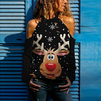 Divat Női Alkalmi Üreges Ki Design Pólók 2021 Karácsonyi Hóember Elk Nyomtatás Blúzok, Felsők Őszi Tavaszi Hosszú Ujjú Streetwear Kép 5