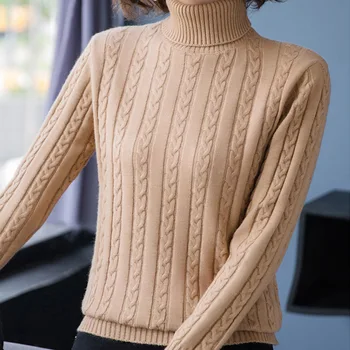 2021 őszi-téli női divat új fordulat csíkos garbó pulóver, hosszú ujjú egyszínű kötött felső női alkalmi