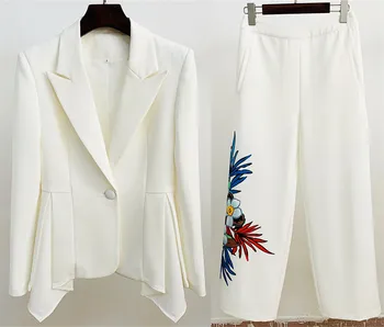 2022 Kifutó Női Magas Minőségű Fehér Blézer Kabát+virágmintás Széles-láb Nadrág Két darabos Készlet B393