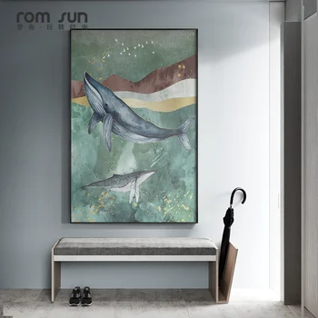 Absztrakt Kreatív bálnák, meg a madarak Vászon Festmény poszter nyomtatás állat-Art-Fal akvarell Képek Nappali Hálószoba Kép 4