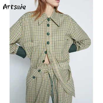 Artsnie Vintage Kockás Női Melegítő Őszi Kabát Széles Láb Nadrág Két darabos Készlet Streetwear Ol Nadrág Ruhák Női Ruhák