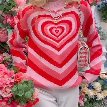 Foridol Szív Nyomtatása Piros Alkalmi Női Pulóver Pullovers Őszi Téli Harajuku Streetwear Y2K Kötött Pulóver Maximum Divat