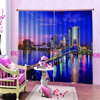 Egyedi lila függöny Város éjszakai nézet Ablak, függöny Blackout Luxus 3D Függöny meghatározott ágyas szoba Nappali Kép 2