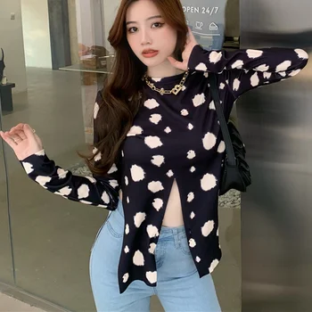 Ing Nők Split Új Érkezés Design Slim O-nyak Dot Aszimmetrikus Szexi Streetwear Király Ins Női Felsők Összes mérkőzés koreai Stílus Kép 4